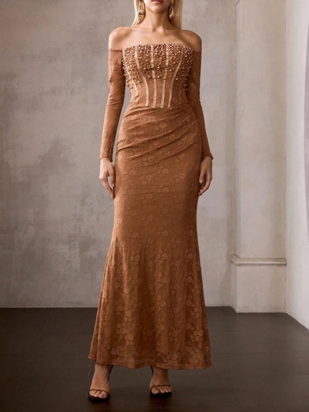 Brown Lace Pearl Bodice Off Shoulder Corset Mermaid Prom Gown Dress